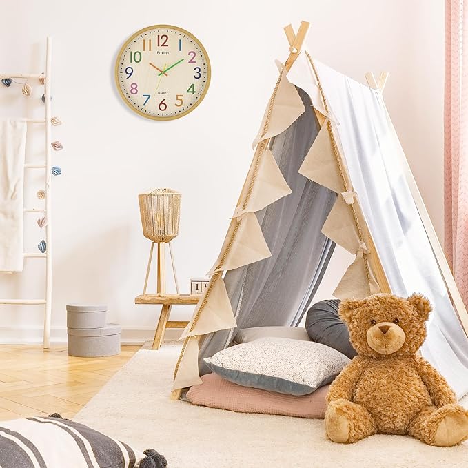 Foxtop 14 Inch Kids Wall Clock Silent Non-Ticking Battery Operated Colorful Childrens Wall Clock for Classroom Playroom Nursery Bedrooms Kids Room School
