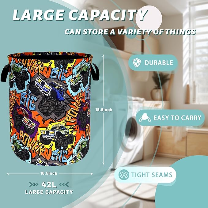 Funny Cars Laundry Basket Foldable Oxford Cloth Laundry Hamper With Handle Portable Clothes Storage Basket 18.9 X 16.5 Inch Storage Bag For Laundry Room/Bathroom/Bedroom