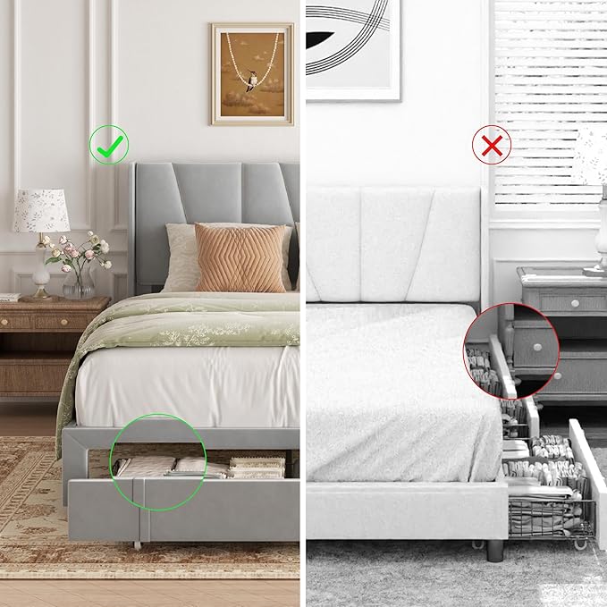 Full Bed Frame with Storage Drawers, Upholstered Full Size Platform Bed with 47" Tall Headboard and Wingboard, No Box Spring Needed, Noise Free, Easy Assembly, Wooden Support Slats, Light Grey