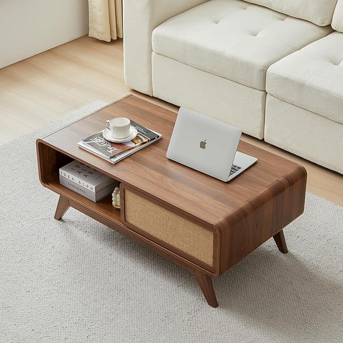 AVZEAR Mid Century Modern Coffee Table with Storage, Curved Edge Wood Coffee Table with Sliding Nature Linen Door, Farmhouse Center Table Rectangle Coffee Table for Living Room, Office, Walnut