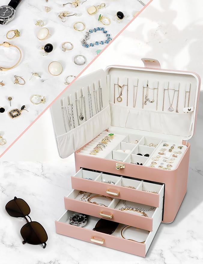 KAMIER Jewelry Organizer Box for Women - 4 Layer Drawer Jewellery Storage with Lock and Mirror - Jewelry Case for Necklaces Rings Bracelets Earring Holder Organizers (Pink)