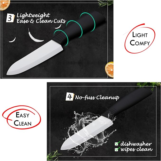 Ceramic Knife Set with Sheaths - Super Sharp Rust Proof Stain Resistant Ceramic Knives Set - Includes 5-inch Utility Knife, 4-inch Fruit Knife, 3-inch Paring Knife