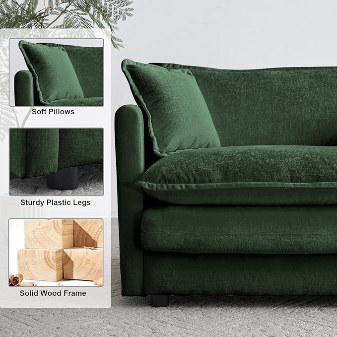 KIVENJAJA Chenille Loveseat Sofa, Oversized 2-Seater Small Cloud Couch, Modern Comfy Deep Seat Love Seat with 4 Pillows for Living Room Bedroom Office Apartment, 76.7”W, Green