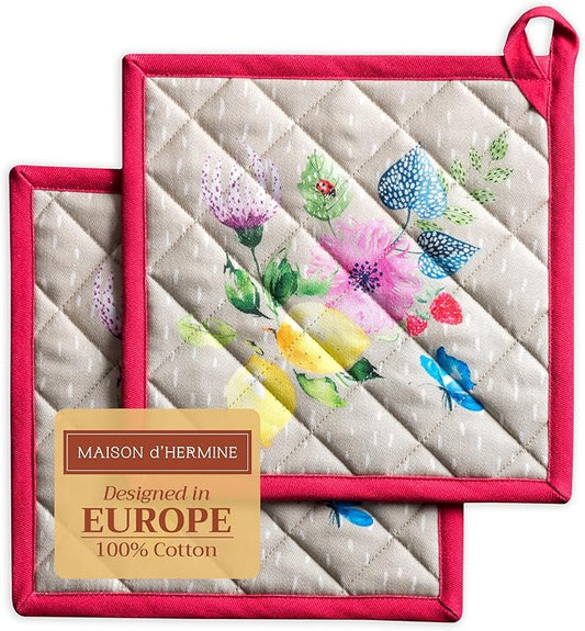 Maison d' Hermine Pot Holders Set 100% Cotton Heat Resistant Potholders 8" x 8" Hot Pads with Loop BBQ, Cooking, Grilling, Kitchen, Handling Hot Pans Spring/Summer (Pack of 2, Jardin D'Ete - Fog)