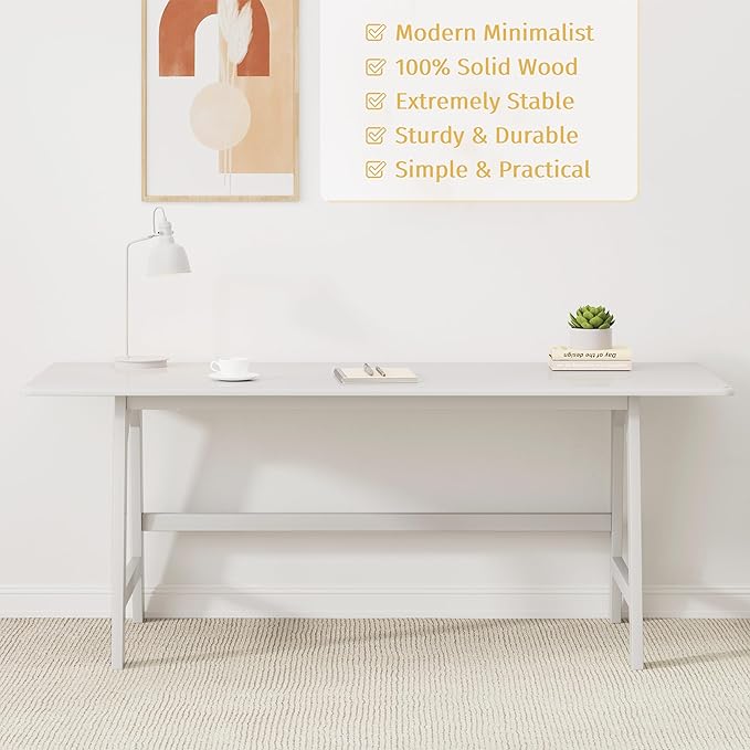 IOTXY Solid Wood Writing Table - 72" W x 24" D Minimalist Long Computer Desk for Home Office, Work, Study, Creativity, and PC Workstation, White