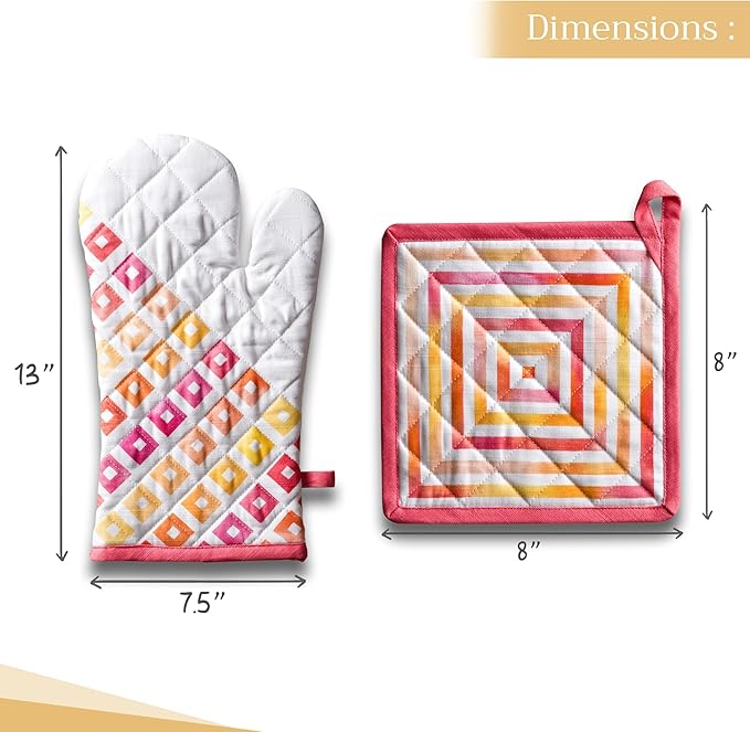 Maison d' Hermine 100% Cotton Oven Mitt & Pot Holder Set (7.5"x13" & 8"x8") Heat Resistant BBQ Cooking Gloves with Loop, Baking, Grilling, Kitchen, Handling Hot Pans Spring/Summer (Summer Maze)