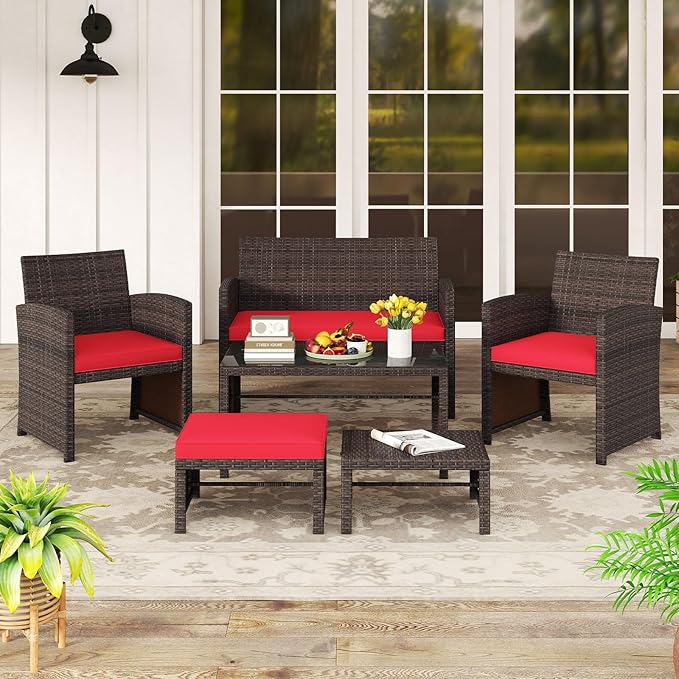 Tangkula 6 Pieces Patio Furniture Set, Outdoor Sectional Conversation PE Rattan Sofa Set with 1 Loveseat, 1 Coffee Table, 2 Armchairs and 2 Ottomans for Garden, Deck, Backyard and Poolside (Red)