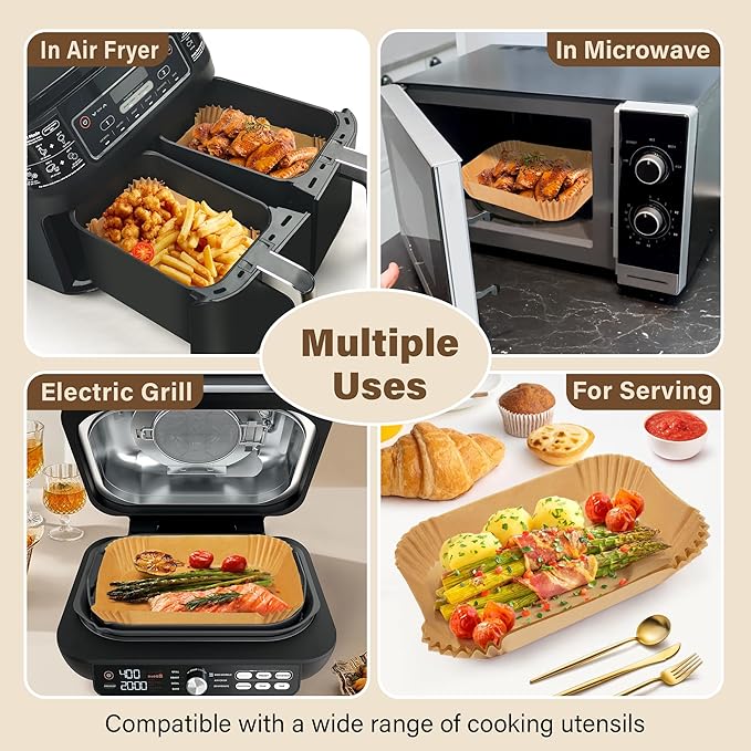 Air Fryer Paper Liners,125PCS Air Fryer Liners Disposable Rectangular for Ninja Air Fryer 2 Basket, 8.6x5.5 Inch Dual Airfryer Liner, Natural Parchment Paper Liner for Ninja DZ201, DZ401, FG551