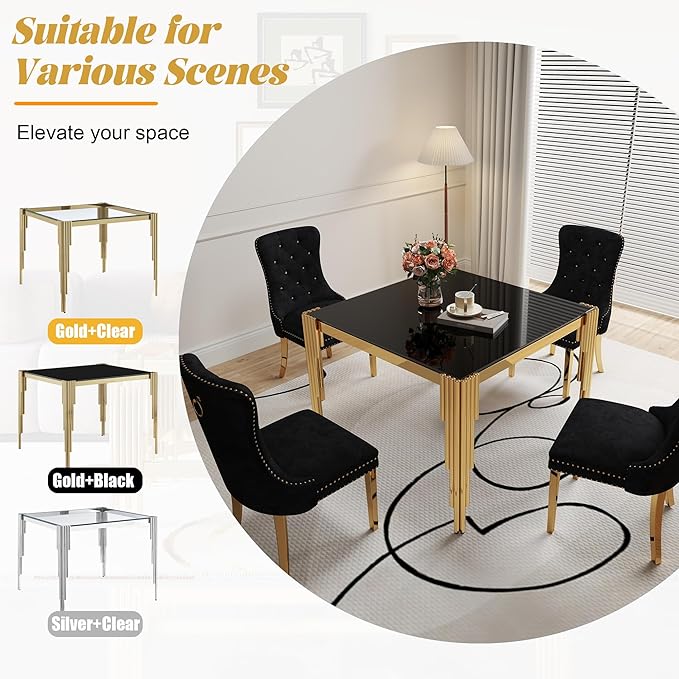 3 Piece Glass Dining Table Set, 35" Square Glass Kitchen Table with 2 Black Velvet Upholstered Chairs, Gold Dining Table for 2 with Chairs Set for Kitchen, Living Room