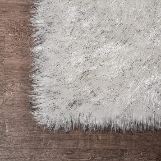 Latepis White with Grey Tips Round Rugs 5ft Washable Faux Sheepskin Fur Rug Fluffy Area Furry Rug for Living Room Bedroom Room Decor