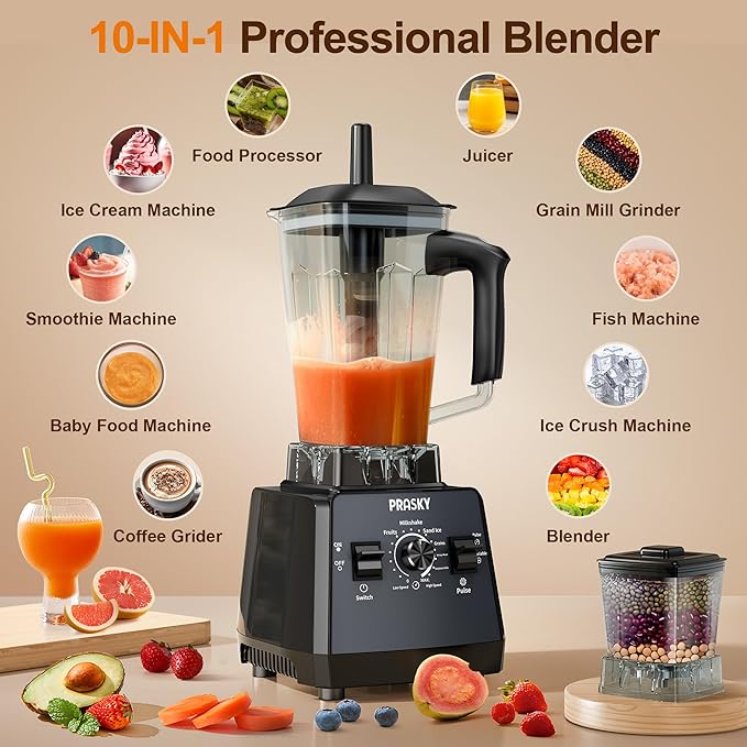 Professional Blender,Smoothies Blenders, PRASKY Max.2400Watts/1000Watts Blender and Grinder Combo 25000RPM Powerful Kitchen 68oz BPA Free 2 Containers Countertop Blenders Ice Crushing, Juice