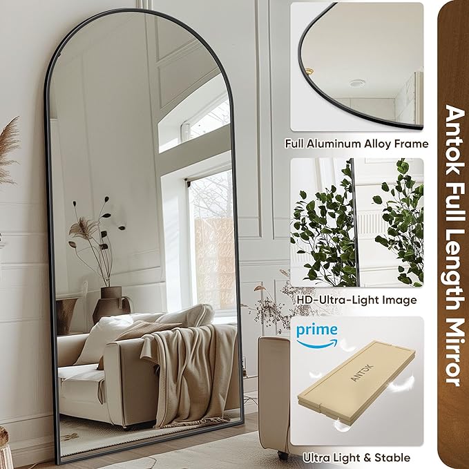 Antok Full Length Mirror, 71"x32" Floor Mirror with Stand, Hanging Mounted Mirrors for Bedroom, Living Room, Cloakroom, Dining Room, Black, Arched