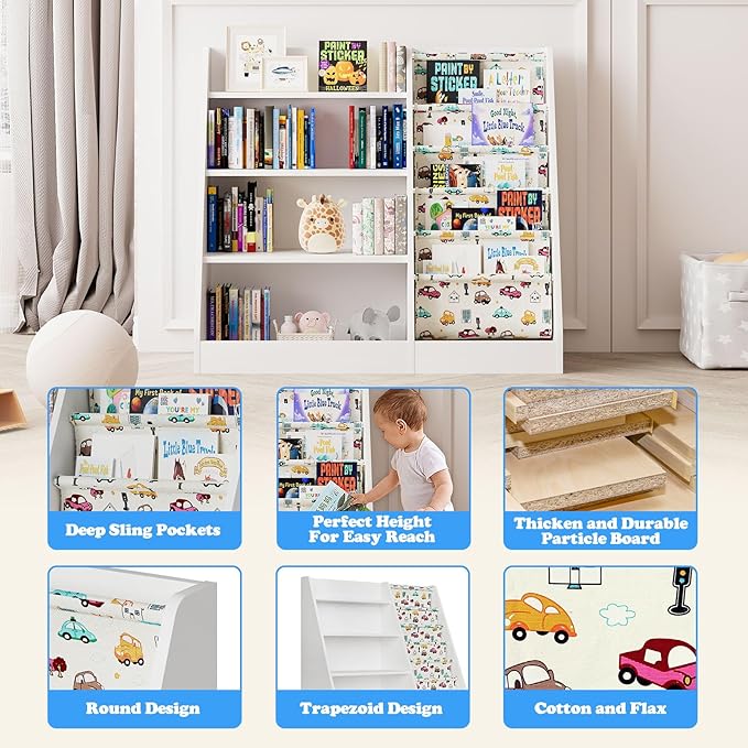 4 Tier Kids Wooden Bookshelf,Five Layer Sling Bookcase,Baby Storage Book Rack,Kids Book and Toy Organizer Cabinet Chest,Infant Book Display,Playroom Kids Room Classroom Nursery Bedroom