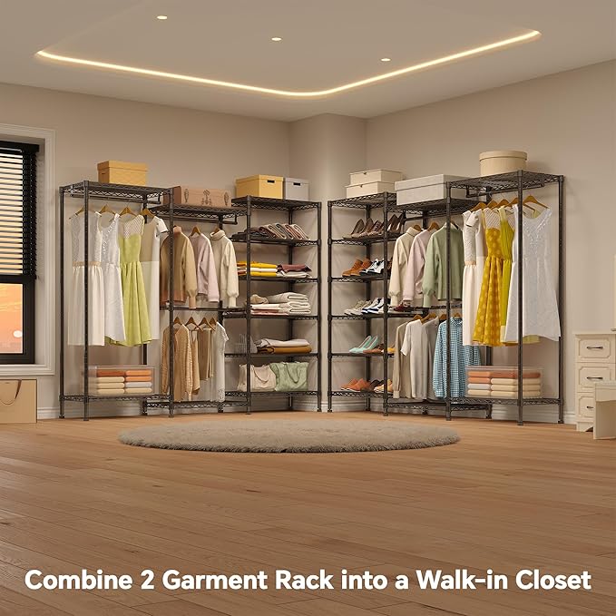 H12 Heavy Duty Clothes Rack with Adjustable 5-Tier Shoe Rack, Freestanding Clothing Racks for Hanging Clothes, Metal Shoe Organizer Large Closet Racks, 15.7" D x 68.7" W x 76.4" H, Black