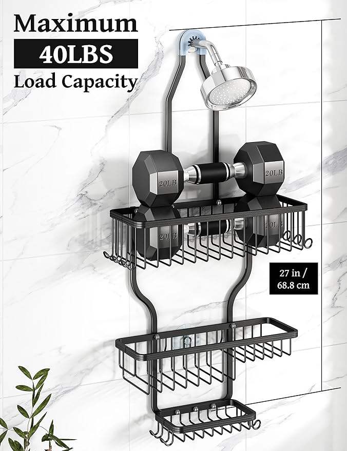 YASONIC Shower Caddy Hanging - Never Rust Shower Organizer - Aluminum over The shower head caddy with 10 Hooks for Razor/Sponge - Shower Rack with Soap Basket - Black