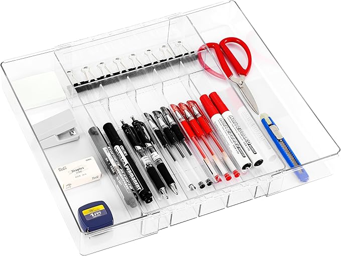 IEEK Silverware Drawer Organizer Tray for Kitchen,Expandable Utensil Tray Multipurpose Drawer Dividers Adjustable Cutlery and Flatware Holder,Plastic Spoon Forks Knives Holder Storage Divider,Clear-M