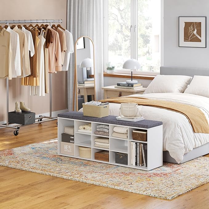 DINZI LVJ Shoe Storage Bench with Cushion, 15-Cubby Shoe Rack, Adjustable Shelves, Long Shoe Organizer Bench for Entryway, Mudroom, Hallway, Living Room, Bedroom and Garage, White