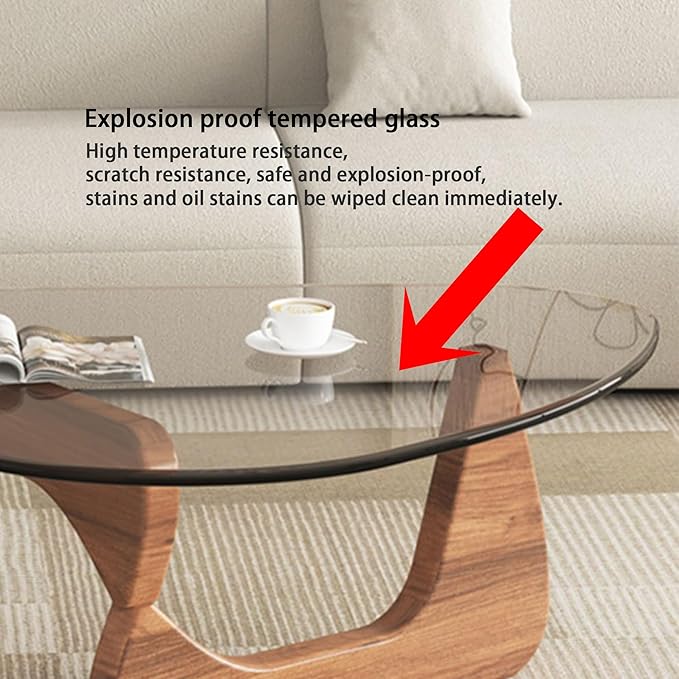 EASYSOUL Modern Glass Coffee Table, 32.68" D x 22.44" W x 15.75" H, Abstract Round Tea Tables for Living Room Home Office Industrial Cocktail Tables (Walnut-Clear Glass, 32.68")