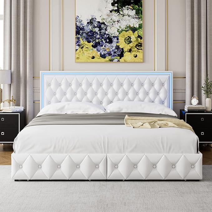 Keyluv Queen Upholstered LED Bed Frame with 4 Drawers, Pu Leather Platform Storage Bed with Adjustable Button Tufted Headboard and Solid Wooden Slats Support, No Box Spring Needed, White