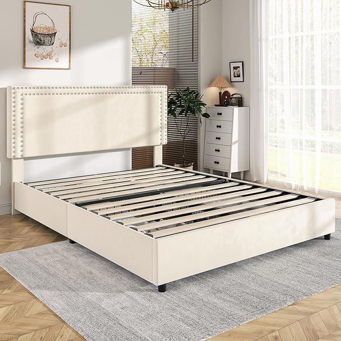 VECELO Queen Size Upholstered Bed Frame with 4 Storage Drawers, Adjustable Velvet Rivet Decor Headboard, Wooden Slats Platform Support, No Box Spring Needed, Easy Assembly
