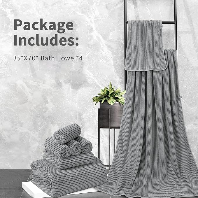 4 Piece Bath Towel Set 35"x70"Oversized Bath Towel for Bathroom Ultra Soft Fluffy Extra Large Bath Sheet Luxury Premium Bathroom Towel Highly Absorbent Quick Dry Shower Towel for Hotel Spa,Dark Grey
