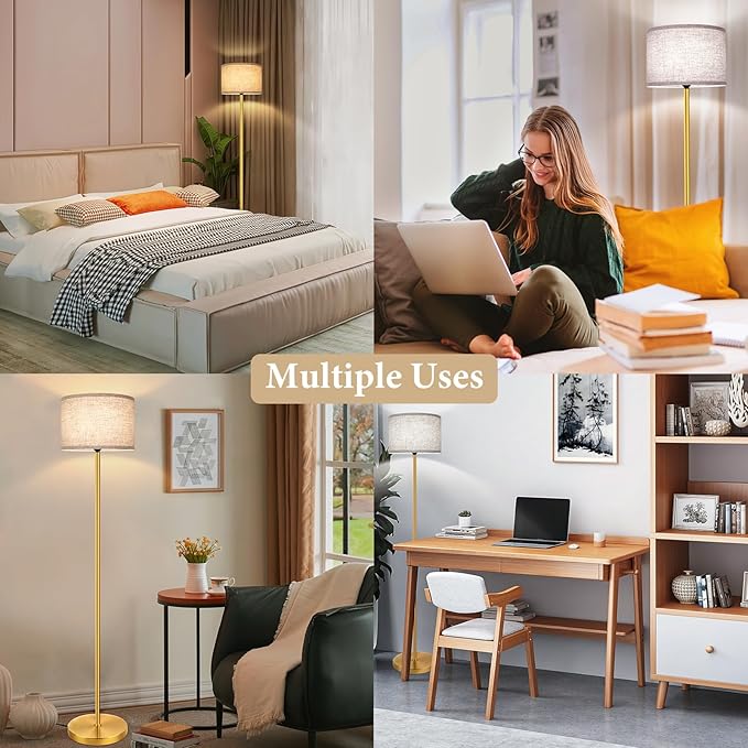 65‘’ Gold Floor Lamp with 3-Color Temperatures LED Bulb, Modern Industrial Tall light for Living Room, Minimalist Standing Lamp with Foot Switch, Gold Stand Lamp for Bedroom Office Nursery, E26 Base