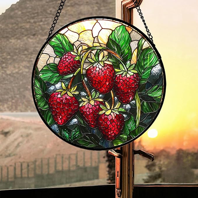 Stained Glass Suncatcher, Red Strawberry Green Leaf Sun Catcher Silver Background Stain Glass Window Hanging Decoration Mother's Day Birthday Gifts for Women Men Mom Nana 11.8 in