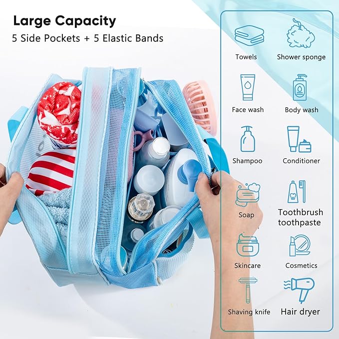 Large Mesh Shower Caddy with Wet & Dry Zones – Portable Hanging Toiletry Bag for College Dorm Room Essentials, Travel, Gym, Camping, Beach Tote Bag – Quick-Dry Shower Tote Organizer