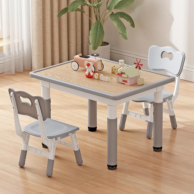 Toddler Table and 2 Chairs, Kids Table and Chair Set Height Adjustable, 31.5''L x 23.6''W Multifunctional Graffiti Desktop for Reading, Drawing, Eating, for Girls & Boys Age 2-10, Grey-02
