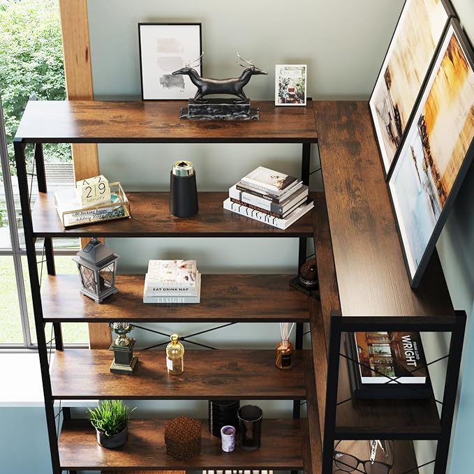 Corner Bookshelves and Bookcases Industrial Corner Etagere Bookcase L Shaped Shelf 6 Tiers with Metal Frame for Living Room Home Office