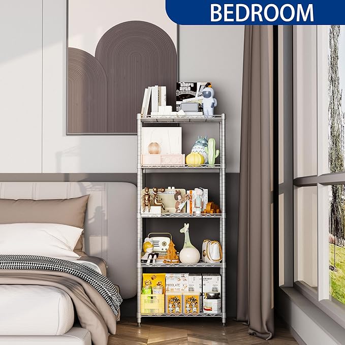 REGILLER 5-Wire Shelving Metal Storage Rack Adjustable Shelves,Standing Storage Shelf Units for Laundry Bathroom Kitchen Pantry Closet(Silver,11.8" D x 21.2" W x 53.5" H)