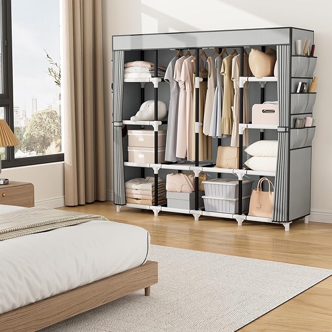 VTRIN Portable Closet, 69 Inch Wide Wardrobe Closet for Hanging Clothes, 19mm Metal Pipe,Sturdy Clothes Rack with Cover, 2 Hanging Rod,12 Shelves, 6 Pocket, Free Standing Closet for Bedroom