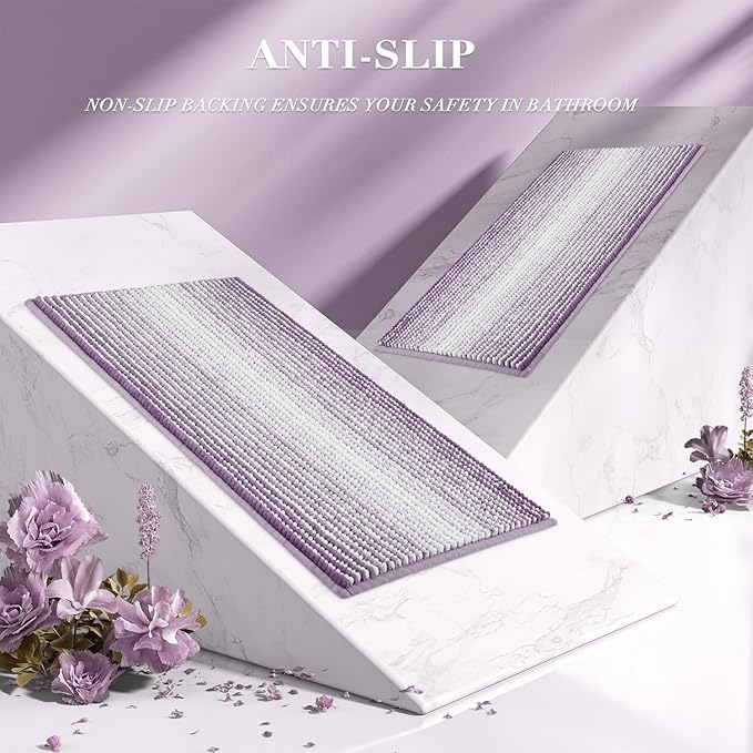 Bathroom Rugs and Mats Sets, 2 Piece Thick Absorbent Chenille Bath Mat Rug Set Non Slip, Soft Shaggy Bath Room Floor Mats for Bathroom, Machine Washable (Lavender Purple, 20" x 32" Plus 16" x 24")