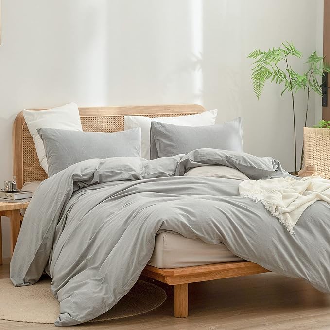 BESTOUCH Duvet Cover Set 100% Washed Cotton Linen Feel Super Soft Comfortable Chic Lightweight 3 PCs Home Bedding Set Solid Light Grey Full/Double