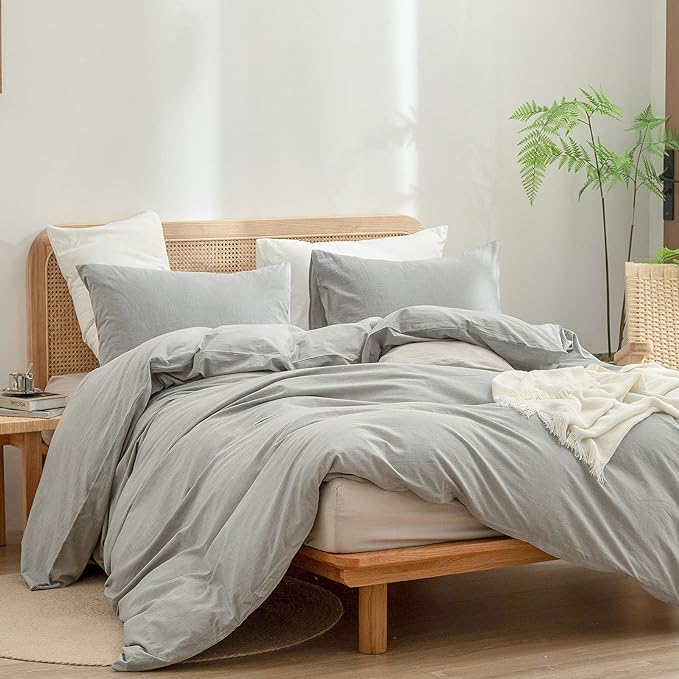 BESTOUCH Duvet Cover Set 100% Washed Cotton Linen Feel Super Soft Comfortable Chic Lightweight 3 PCs Home Bedding Set Solid Light Grey Oversized King