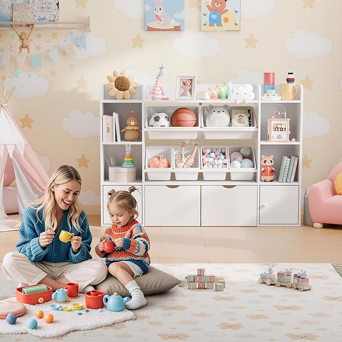Xilingol Kids Toy Storage Organizer W/6 Removable Toy Bins, 4-Tier Toy Organizers W/6 Storage Cubbies and 2 Movable Drawers, Kid Bookshelf and Toy Storage for Playroom, Bedroom, Kids Room (White)