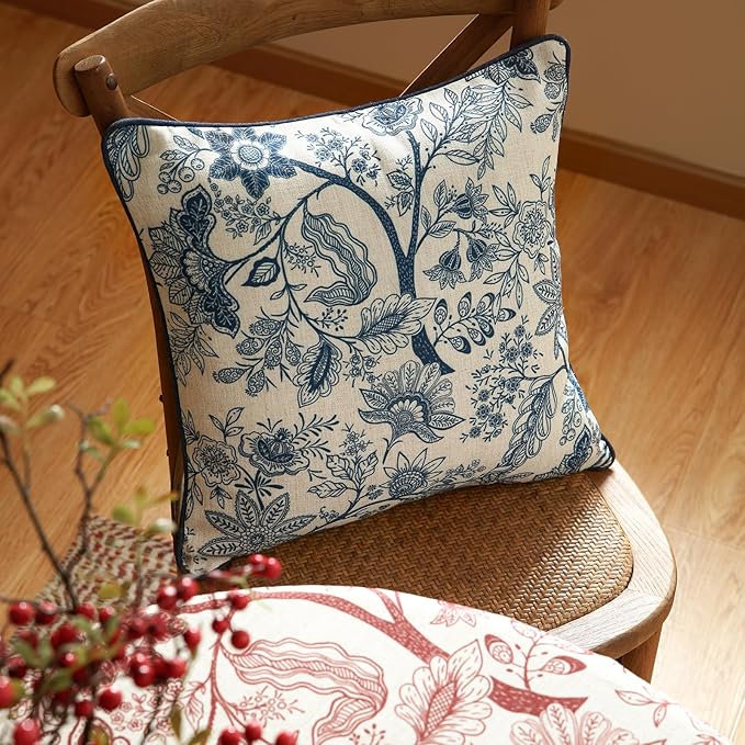 Design Linen Square Throw Pillow Covers 18"x18" Pack of 2, French Country Cushion Covers with Blue Toile de Jouy Floral Pattern Decoration Pillowcases for Bed, Living Room, Outdoor, Car