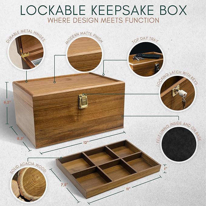 Public House Locking Wooden Keepsake Box, Customizable Design With Adjustable Tray. Large Wooden Box with Hinged Lid for Wedding and Memory Keepsakes