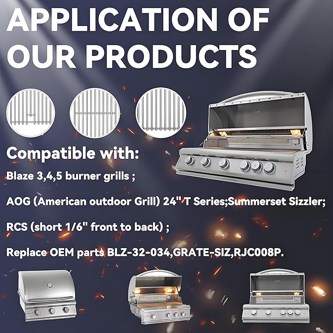 2025 4 Pc 18 x 7-3/8 Upgrade Heavy Duty Cast Shot Blasting Stainless Steel 5/16 Rod BBQ Cooking Grill Grates Replacement Parts for Blaze Grill 3, 4, 5 Burner Grill Models, AOG, RCS, Summerset Sizzler