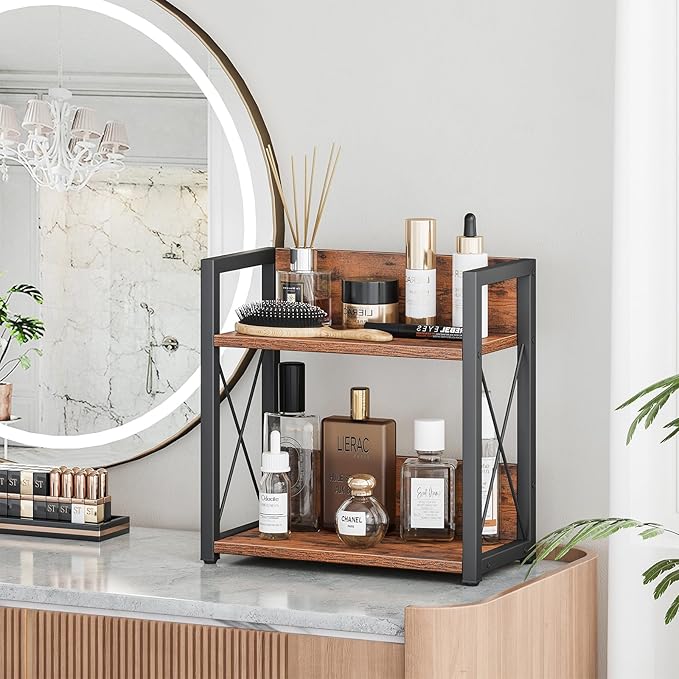 Giikin Counter Shelf Organizer, 2 Tier Kitchen Spice Rack for Countertop, Wood Coffee Counter Organizer for Home (Rustic Brown, L)