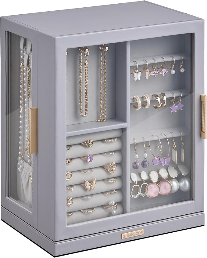360° Rotating Jewelry Box with 5 Drawers, Spacious Vertical Jewelry Organizer with Glass Window, Jewelry Storage Case, Dustproof & Moisture-resistant Design, Grey