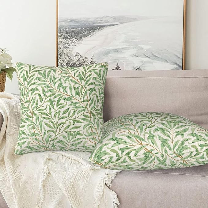 Rustic Vintage Floral Green Leaf Throw Pillow Covers 18x18 Inch Set of 2 William Morris Plants Farmhouse Decor Pillow Case Euro French Country Cushion Cover of Sofa Living Room Bedroom