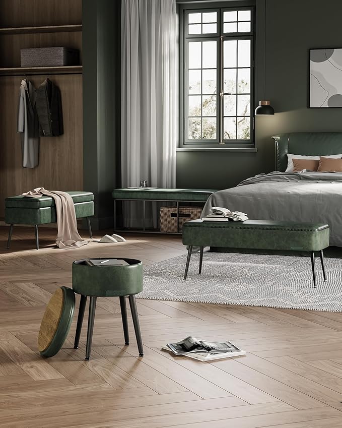 VASAGLE EKHO Collection - Bench for Entryway Bedroom, Synthetic Leather with Stitching, Ottoman Bench with Steel Legs, Living Dining Room, Mid-Century Modern, Loads 660 lb, Forest Green ULOM076C01