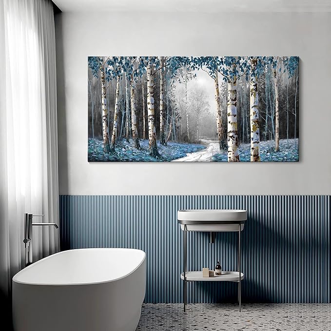HKDGOKA Large Canvas Wall Art - Gray Blue Tree Abstract Canvas Painting Textured Picture, Modern Landscape Artwork Framed for Living Room Bedroom Bathroom Office Home Decor 58"x29"