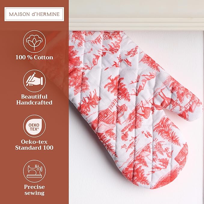 Maison d' Hermine Oven Gloves 100% Cotton Oven Mitt 7" x 13" with Loop Heat Resistant BBQ Cooking Gloves for Thanksgiving Christmas Decorations Baking Handling Hot Pans (Pack of 1, Winter Jouy)