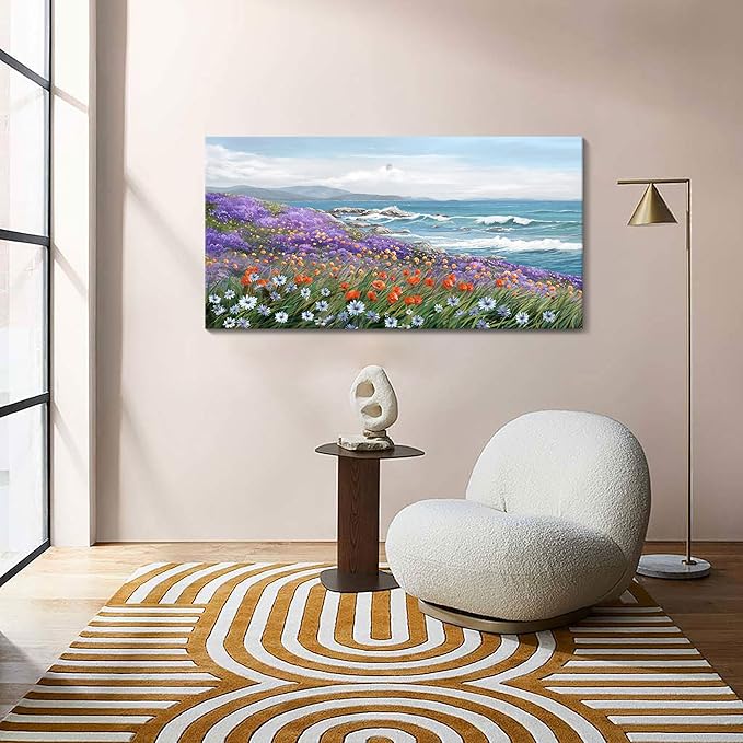 YDYSUNE Coastal Wall Art Ocean Picture for Living Room Blue Modern Home Bedroom Decoration Coast Beach Flower Painting Seascape Framed Artwork Decor 24×48IN