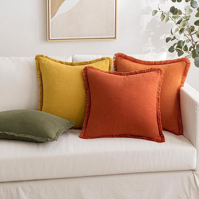 MIULEE Decorative Lumbar Throw Pillow Covers Neutral Linen Fringe Throw Pillows Set of 2 Orange Boho Farmhouse Cushion Covers with Tassels for Couch Sofa Bed Living Room Spring Home Decor 12x20 Inch