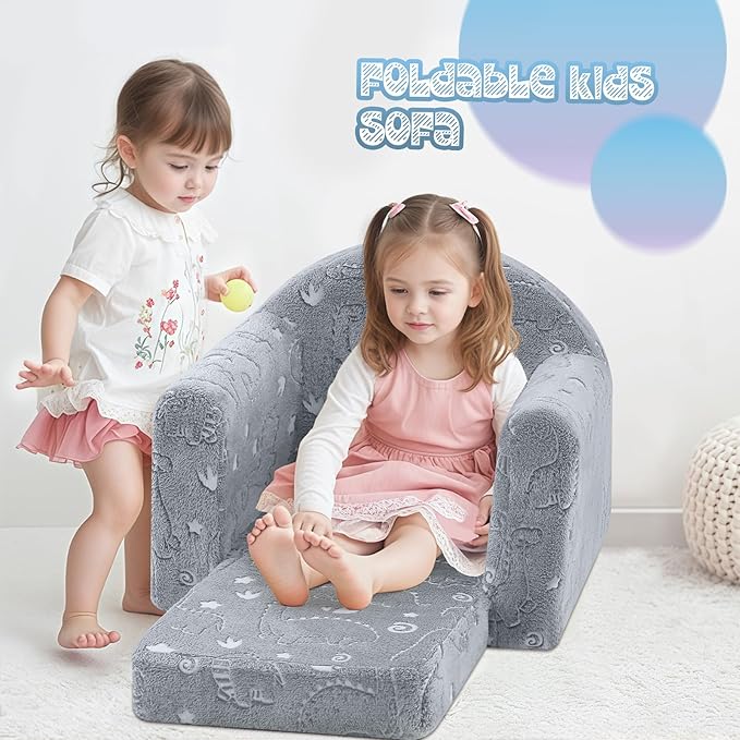 MeMoreCool Folding Toddler Chair, Comfy Plush Fold Out Kids Couch Sofa, Convertible Kid Sofa Bed, Flip Out Baby Recliner Foldable Children Sofa for Toddlers 1-4 Girls Boys, Dinosaur
