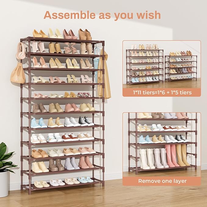 11 Tiers Tall Wide Shoe Rack 55 Pairs Large Capacity Sturdy Durable Shoe Rack for Closet Metal Shoe Organizer Shelf with Two Hooks Space Saving for Entryway Brown