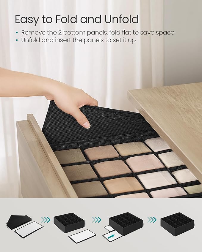SONGMICS Set of 4 Underwear Organizers, Drawer Organizers, Dresser Closet Storage, 80 Cells (2x16+2x24), Foldable Dividers, 11.8 x 11.8 x 3.9 Inches, for Socks, Ties, Belts, Ink Black URUS011B01